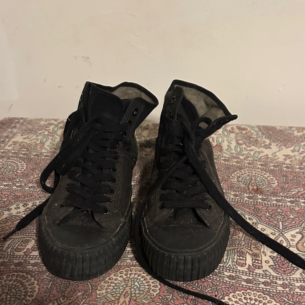 P.F. Flyers Black Canvas High-Top Sneakers with Green Logo